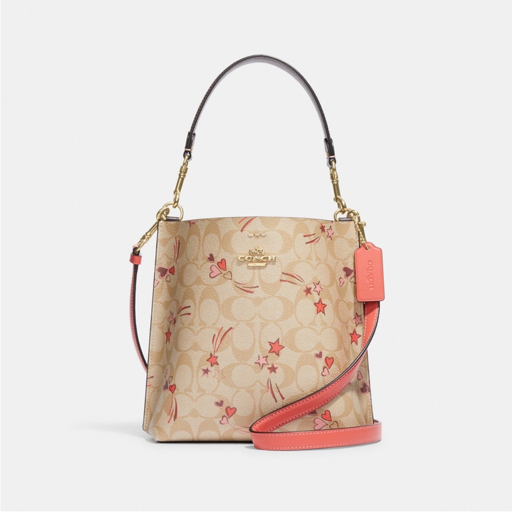 NWT！COACH MOLLIE BUCKET BAG 22 IN SIGNATURE CANVAS WITH HEART AND STAR（CJ645） - Picture 9 of 12